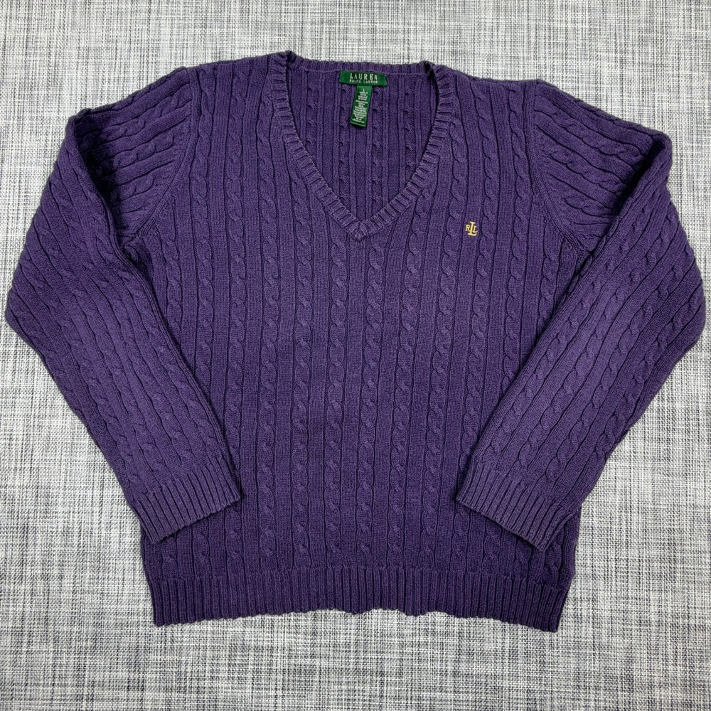 Lauren Ralph Lauren Womens Large Purple Cable Knit V-Neck Cotton Blend Sweater